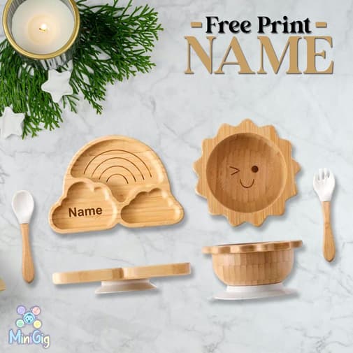 MiniGig - Ensemble de salle à manger bol soleil pour enfants en bambou personnalisé bol en bois pour bébé assiette en bambou ensemble de salle à manger pour bébé fille Noël ensemble de sevrage pour enfants