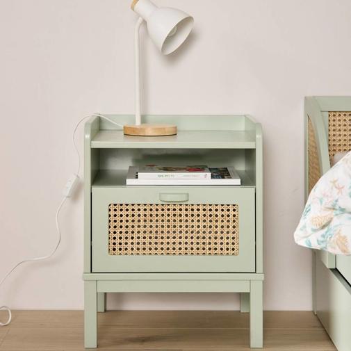 CAMIF - Table de chevet effet bois et cannage vert sauge
