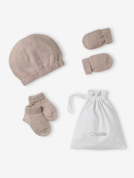 Vertbaudet - Ensemble naissance bonnet, moufles et chaussons et son pochon personnalisable beige chiné