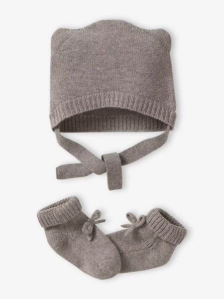 Envie De Fraise - Kit naissance bonnet et chaussons laine et cachemire beige chiné