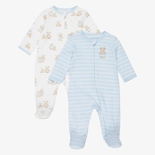 Little Me - Baby Boys Blue Organic Cotton Teddy Babygrows (2 Pack)