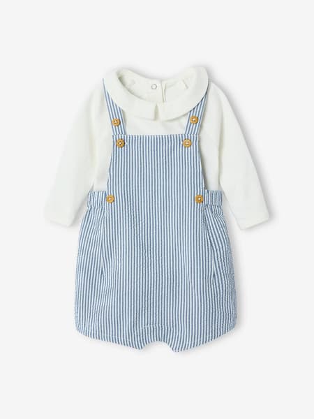 Vertbaudet - Ensemble naissance body + salopette courte rayée bleu ciel - Vertbaudet