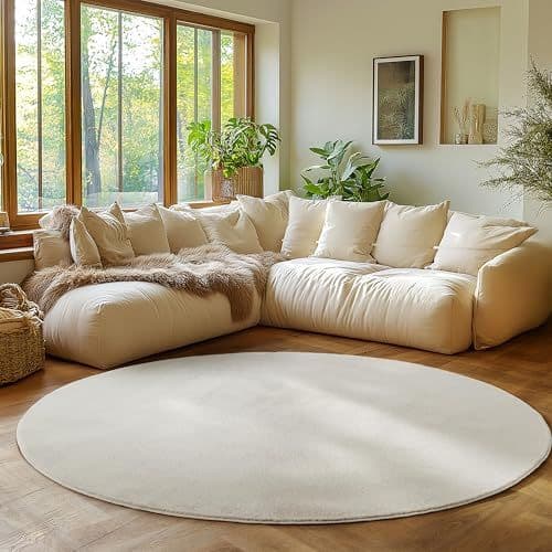SIMPEX - SIMPEX Tapis Rond Crème 160 cm Tapis à Poils Courts Lavable, Rond, Doucement Antidérapant et Design Monochrome Moderne pour Salon, Chambre, Cuisine et Chambre d'enfant