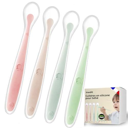 nedit - Cuillere Bebe 1er Age (4 PCS) – Cuillère Bébé en Silicone – Cuillère Incurvée Souple Pour Les Repas de Bébé de Plus de 1 Mois - QUALITE GARANTIE (4, Rose/Mauve/bleu/Vert)