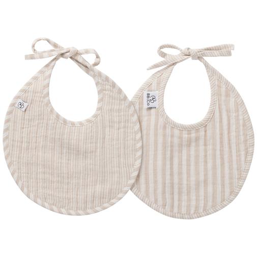 Bb&Co - Lot de 2 bavoirs naissance en gaze de coton beige rayé galet