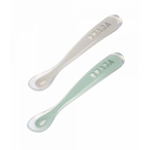 Beaba - Lot de 2 cuillères 1er âge silicone avec boîte de transport Sage green