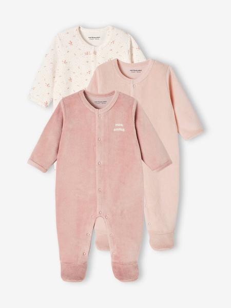 Vertbaudet - Lot de 3 pyjamas bébé mixte en velours ouverture naissance lot bois de rose