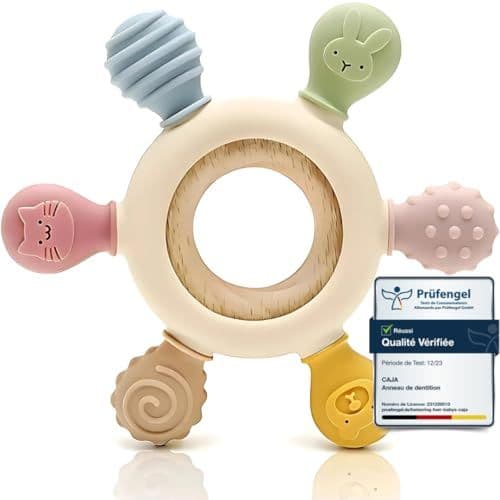 CAJA - CAJA anneau de dentition bébé en silicone et bois jouet de dentition sans BPA motif animal cadeau naissance garçon fille prise facile
