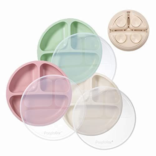 PandaEar - PandaEar Assiettes à succion en silicone pour bébés et tout-petits, lot de 3 assiettes divisées incassables avec couvercle - Lavable au lave-vaisselle et au micro-ondes (rose, vert, beige clair)