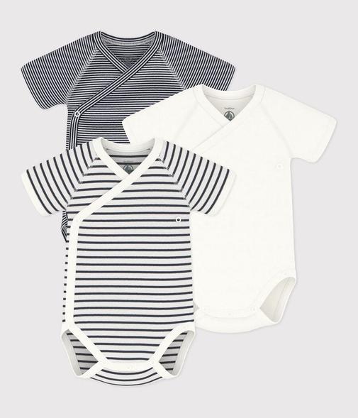 Petit Bateau - LOT DE 3 BODIES CROISÉS MANCHES COURTES RAYURES BÉBÉ EN COTON