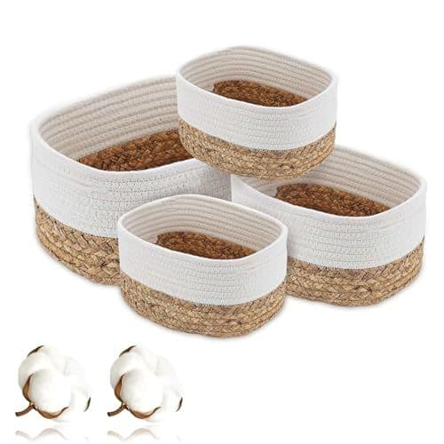 Womatrix - Lot de 4 paniers de rangement tressés en jacinthe d'eau et coton, panier de rangement pour salle de bain, organisateur empilable, décoration paniers de rangement pour chambre salon, bureau
