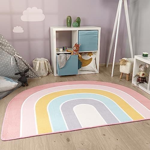 Paco Home - Paco Home Tapis Rond Chambre Enfant Bebe Fille Garcon Arc-en-Ciel Lavable en Machine Moderne, Dimension:120x160 cm Regenbogen-Form, Couleur: Rose Bleu Jaune