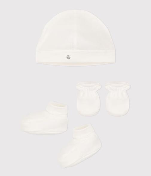 Petit Bateau - Lot de bonnet, chaussons et moufles bébé mixte en coton uni