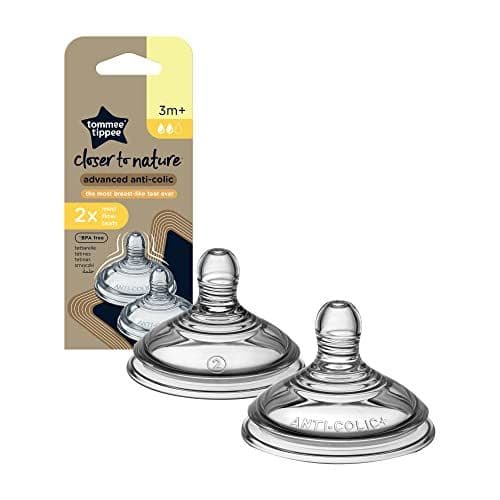 Tommee Tippee - Tommee Tippee Tétines de Biberon Anti-Colique Avancé, Imitant le Sein Maternel, Débit Moyen, 3 Mois+, Lot de 2 (La couleur et le design peuvent varier)