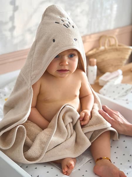 Vertbaudet - Cape de bain / Serviette à capuche essentiels Bébé et Enfant, avec coton recyclé sable - Vertbaudet