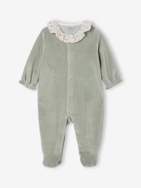 Vertbaudet - Pyjama bébé fille velours collerette imprimée vert sauge