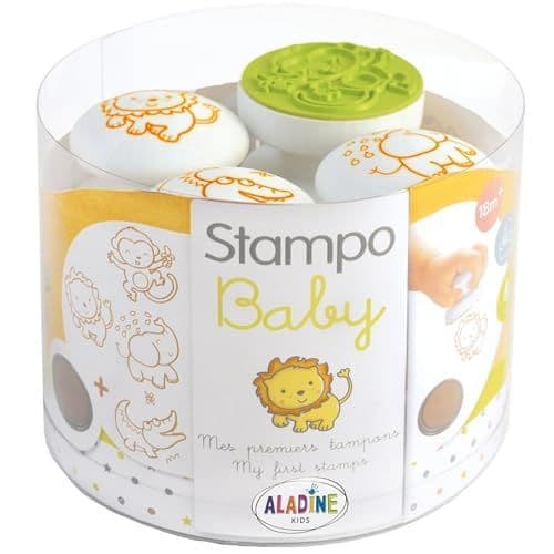 Aladine - Aladine - 4 Tampons Animaux de la Savane avec Encreur, Stampo Baby, Activité Manuelle Enfant 2 Ans Bébé, Encre Lavable, Faciles à Manipuler, Cadeau Loisir Créatif, Dès 18 Mois, 3803