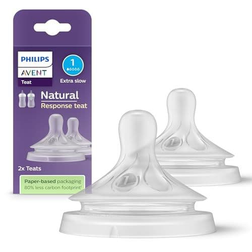 AVENT - Philips Avent Lot de 2 tétines pour biberon à Réponse Naturelle 0% BPA, Débit 1 pour Nouveau-né de 0 mois (Modèle SCY961/02)