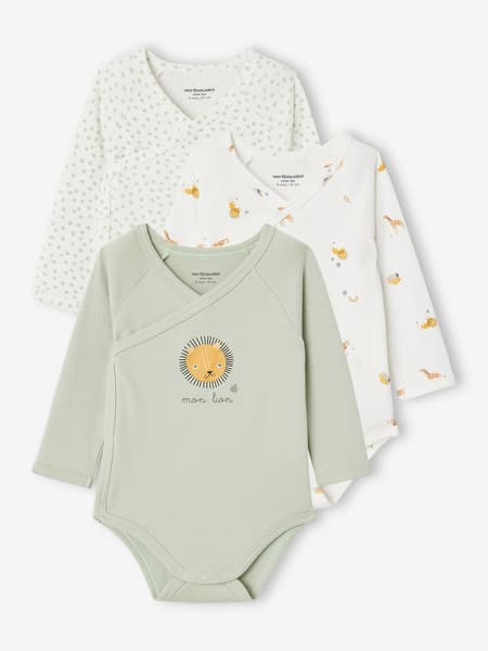 Vertbaudet - Lot de 3 bodies assortis "lion" bébé spécial naissance en coton biologique vert d'eau - Vertbaudet