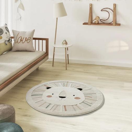Atticgo - Tapis enfant rond lion blanc/multicolore, 120x120 cm