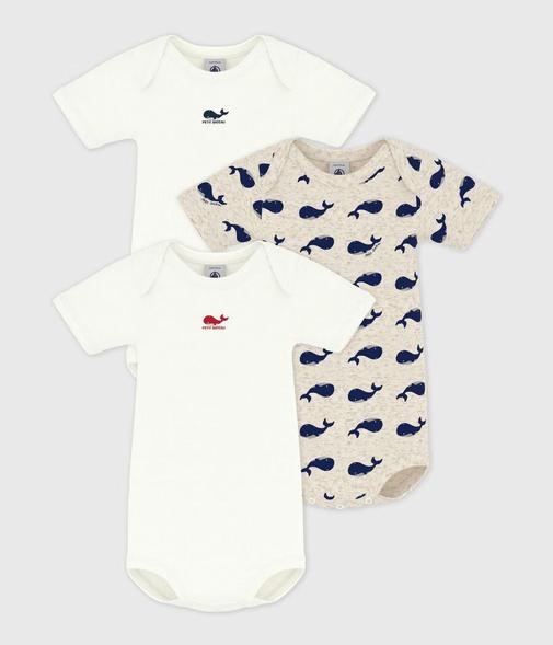 Petit Bateau - Lot de 3 bodies manches courtes baleines en coton