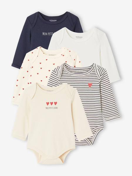 Vertbaudet - Lot de 5 bodies manches longues bébé emmanchure US en coton Bio bleu nuit