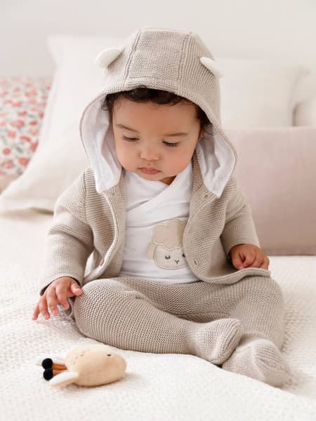 Vertbaudet - Ensemble naissance 3 pièces en point mousse beige chiné - Vertbaudet