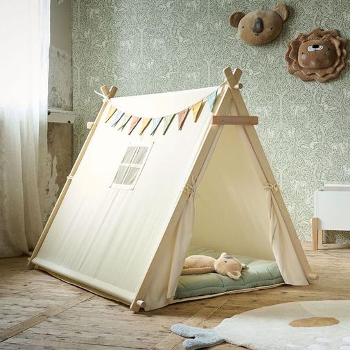 Petite Amélie - Petite Amélie Tente tipi enfant | Modèle Fête | Toile robuste | Beige clair | Aire de jeu avec tapis de sol et guirlande incluse