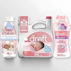 Brand        Dreft - Amazon.com: Dreft Newborn Baby Laundry Starter Kit: Newborn Laundry Detergent, Laundry Scent Booster Beads, and Gentle Cleansing Fabric Rinse, Hypoallergenic, Dermatologist Tested on Sensitive Skin : Health & Household
