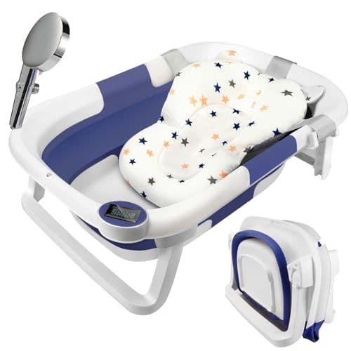 Mkitnvy - Grand Baignoire Pliable Bébé avec Thermomètre à eau, Coussin, Rince Tete Bebe pour bébé convient aux nouveau-nés aux tout-petits dispose d'un tapis antidérapant et de trous de drainage thermomètre
