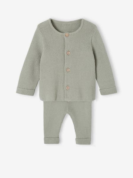 Vertbaudet - Ensemble mixte en tricot gilet et pantalon bébé vert sauge - Vertbaudet