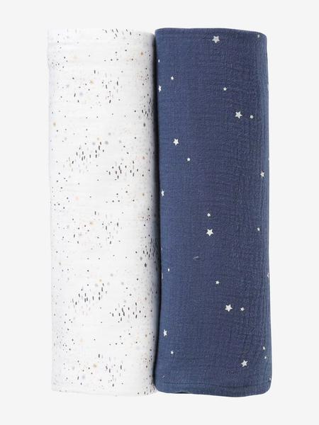 Vertbaudet - Lot de 2 maxi langes 120x120 cm pour emmaillotage marine/blanc