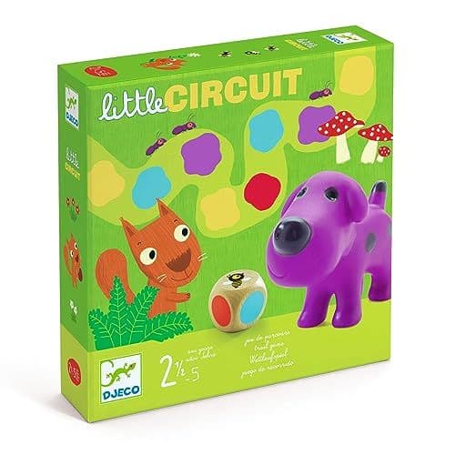 DJECO - DJECO Little Circuit - Jeu de Société Enfant, 2,5 à 5 Ans - Jeu de Parcours avec 1 Plateau, 6 Pièces de Puzzle, 4 Figurines Animaux, 1 Dé, 15 Jetons - Apprentissage des Couleurs, Maîtrise du dé