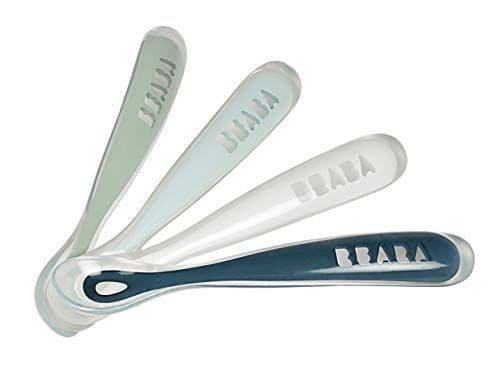 Béaba - Béaba - Lot de 4 Cuillères en Silicone Bébé / Enfant 1er Âge - Dès 4 mois, Souple - Bout arrondi - Manche long et Ergonomique, Storm