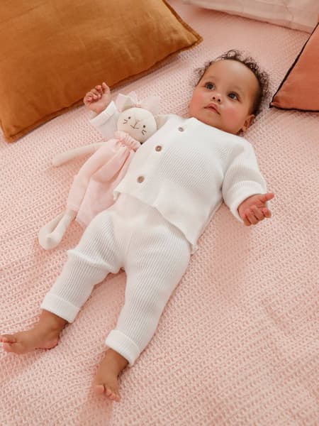 Vertbaudet - Ensemble mixte en tricot gilet et pantalon bébé blanc - Vertbaudet