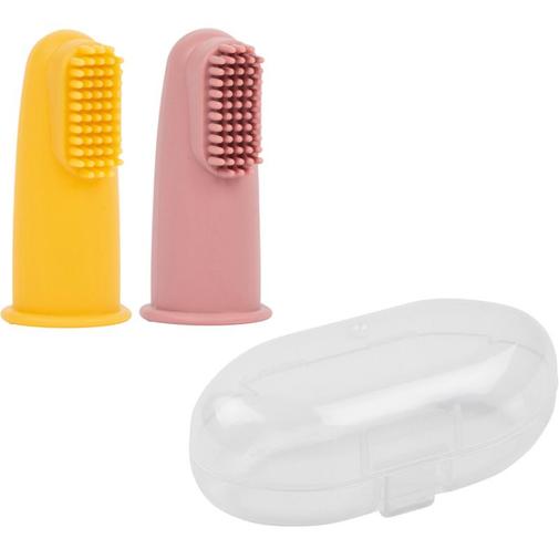 Nattou - Lot de 2 brosses à dents à doigt ocre et rose + étui de protection