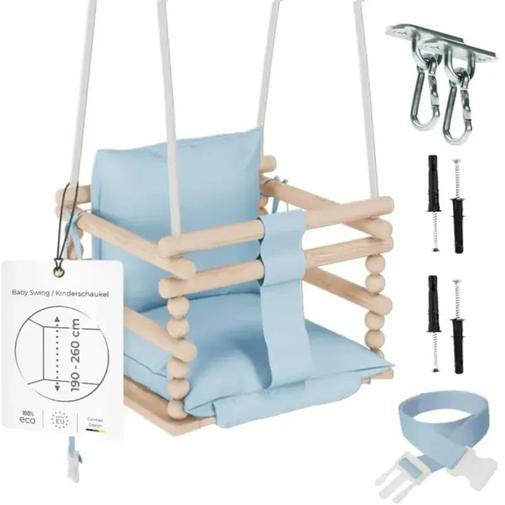 Babykare - Chaise suspendue bébé en bois avec harnais de sécurité & crochet bleu
