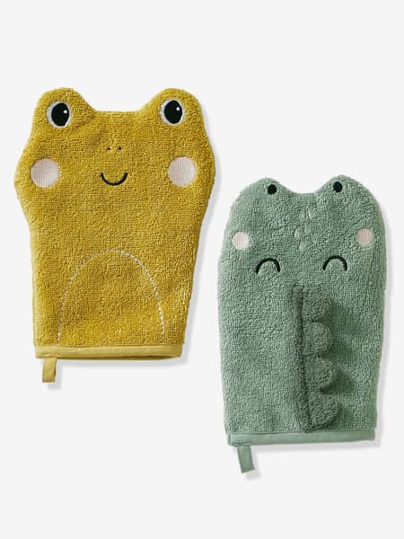Vertbaudet - Lot de 2 gants de toilette Animorigolo vert sauge - Vertbaudet