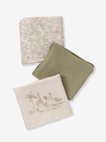 Vertbaudet - Lot de 3 langes en gaze de coton BABYLON beige imprimé - Vertbaudet