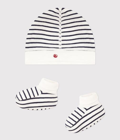 Petit Bateau - Lot de bonnet et chausson bébé mixte en coton à rayures