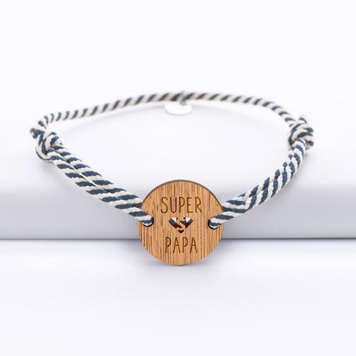 HappyBulle - Bracelet homme cordon marin médaille gravée bois ronde 21 mm - Edition spéciale "Super Papa"