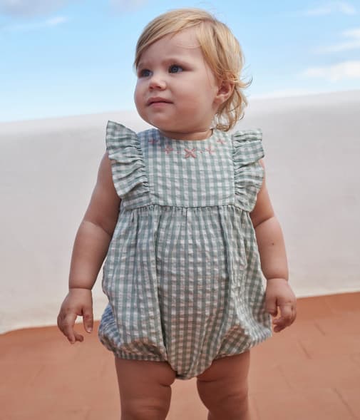 Petit Bateau - Barboteuse bébé en coton sans manches, imprimé vichy et col brodé