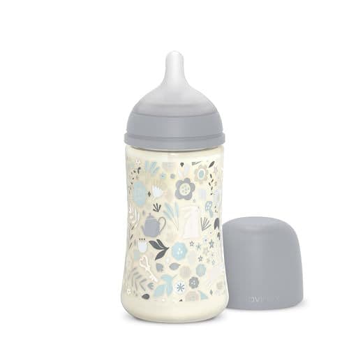 Suavinex - Suavinex, Biberon 270 ml, Biberon avec Tétine Symétrique SX Pro en Silicone à Débit Moyen (M), avec Valve Anti-Colique. Silicone Fin Ultra-Doux. Pour Bébés, +3 Mois, Wonderland Bleu Floral