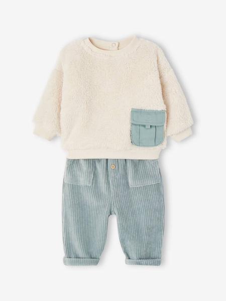 Vertbaudet - Ensemble bébé sweat peluche + pantalon velours vert d'eau