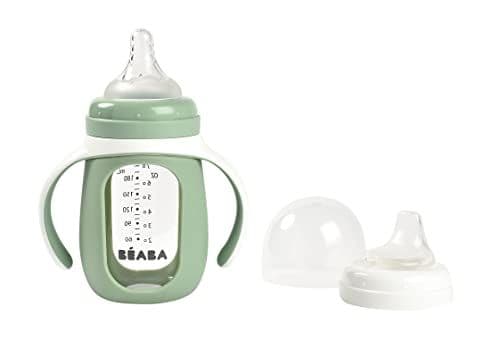 BÉABA - BÉABA, Tasse/Biberon d'apprentissage 2 en 1, En Verre, Housse Silicone, Solide, Sain, 100% Etanche, Poignées amovibles, 210ml, Vert sauge