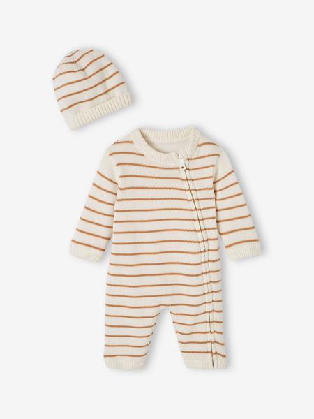 Vertbaudet - Ensemble combinaison et bonnet en tricot rayé bébé noisette