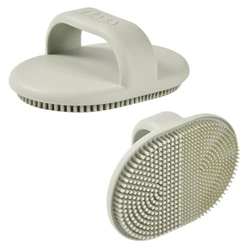 BÉABA - BÉABA, Brosse de Bain pour Bébé en Silicone, Toilette Bébé, 2 Côtés, Poils Fin pour Masser bébé, Poils épais pour croûtes de lait, 100% Silicone Doux, Vert de gris