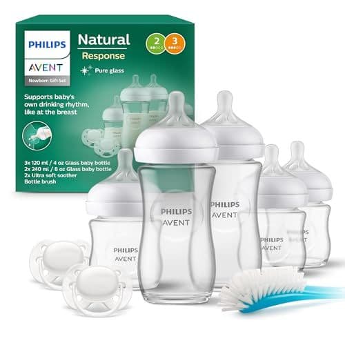 Philips - Philips Avent Kit biberons en verre Natural Response pour nouveau-né - 5 biberons, 2 sucettes Ultra Soft 0-6 mois, goupillon, sans BPA (modèle SCD879/11)