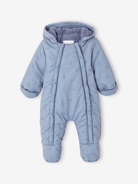 Vertbaudet - Combi-pilote imprimée ours bébé doublée sherpa ouverture double-zip bleu - Vertbaudet