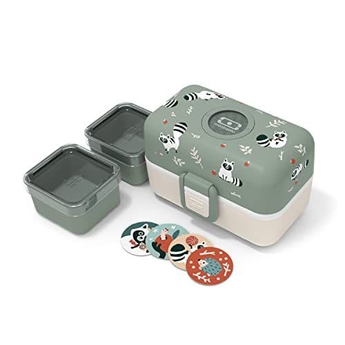 monbento - monbento - Lunch Box Enfant MB Tresor Raccoon - Raton laveur - Boîte Repas et/ou Goûter 3 Compartiments - Idéal Ecole/Parc - Sans BPA - Durable et Sûr - Vert